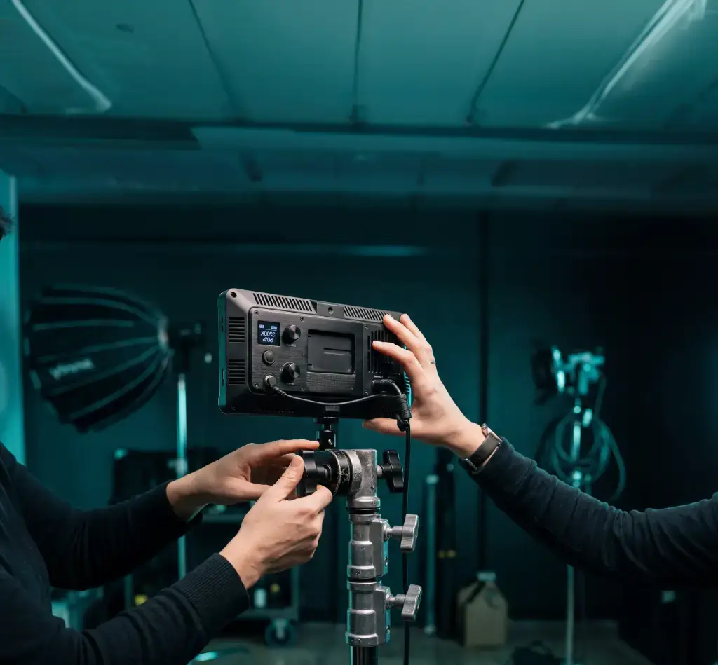 Hands adjusting a light panel on set