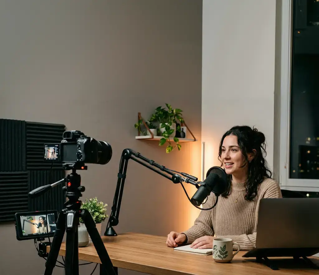 A creator recording at a microphone